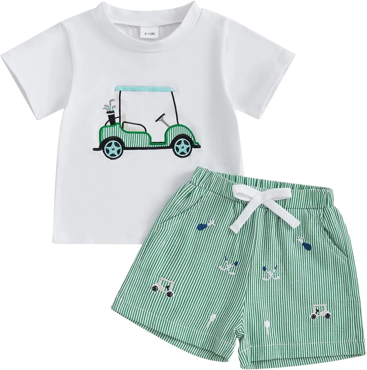 ست لباس پسرانه شامل تیشرت آستین کوتاه با طرح ماشین گلف و شورت راه راه، مناسب لباس های تابستانی کودکان