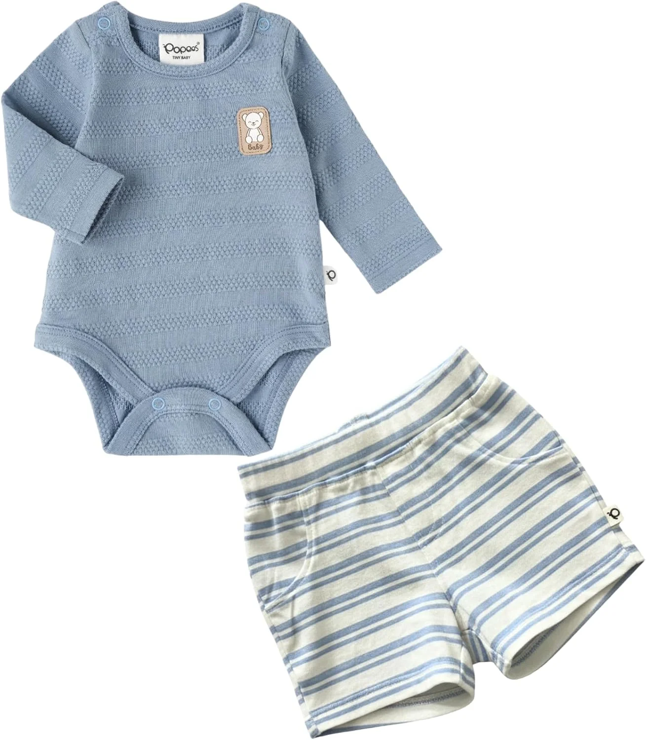 ست لباس نوزادی پسرانه پنبه‌ای پریمیوم پوپیز شامل بادی آستین بلند و شورت راه راه نرم و تنفس‌پذیر