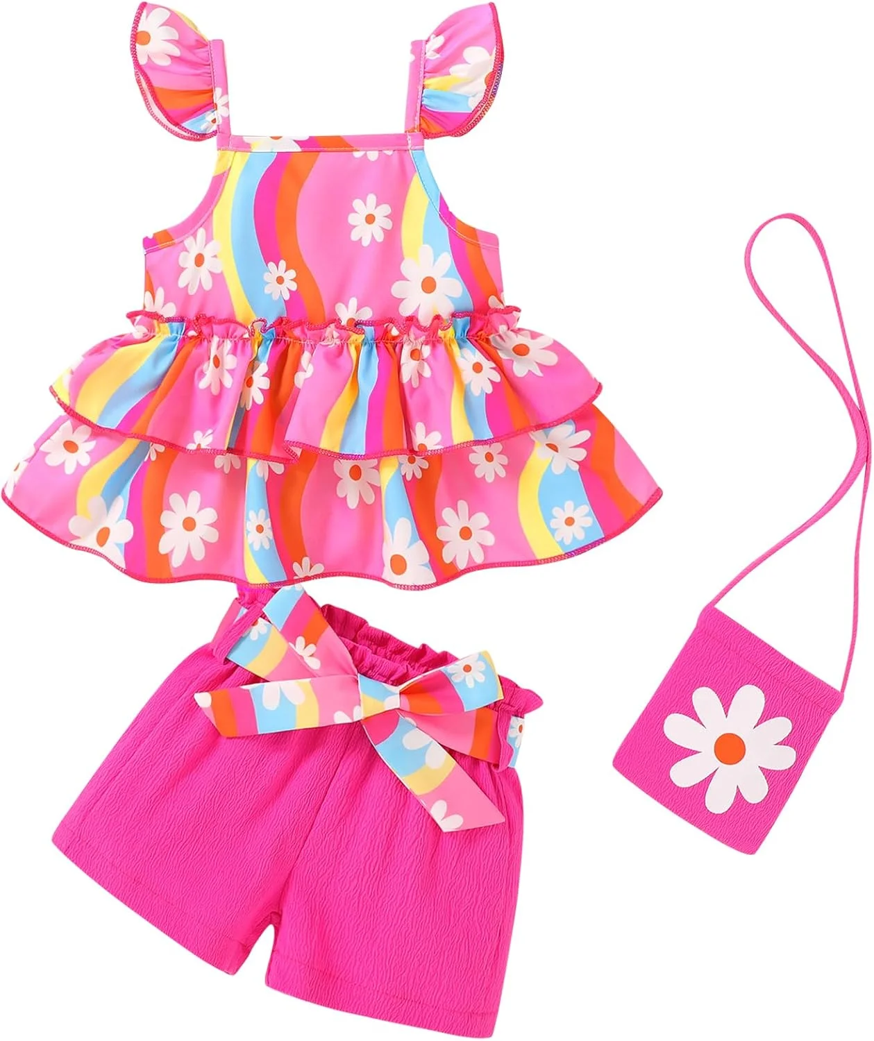 ست لباس دخترانه شامل تاپ بدون آستین چین‌دار، شلوارک و کیف