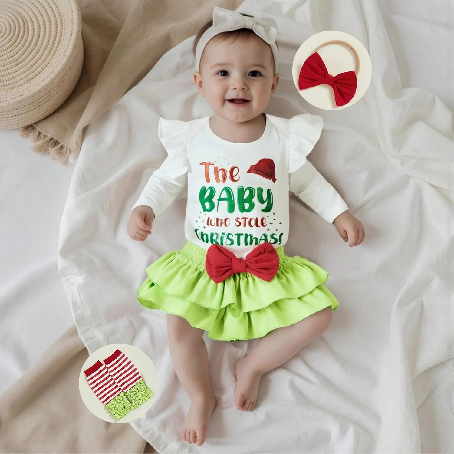 لباس کریسمس نوزاد دختر، رامپر، شورت پفی و هدبند، لباس کریسمس