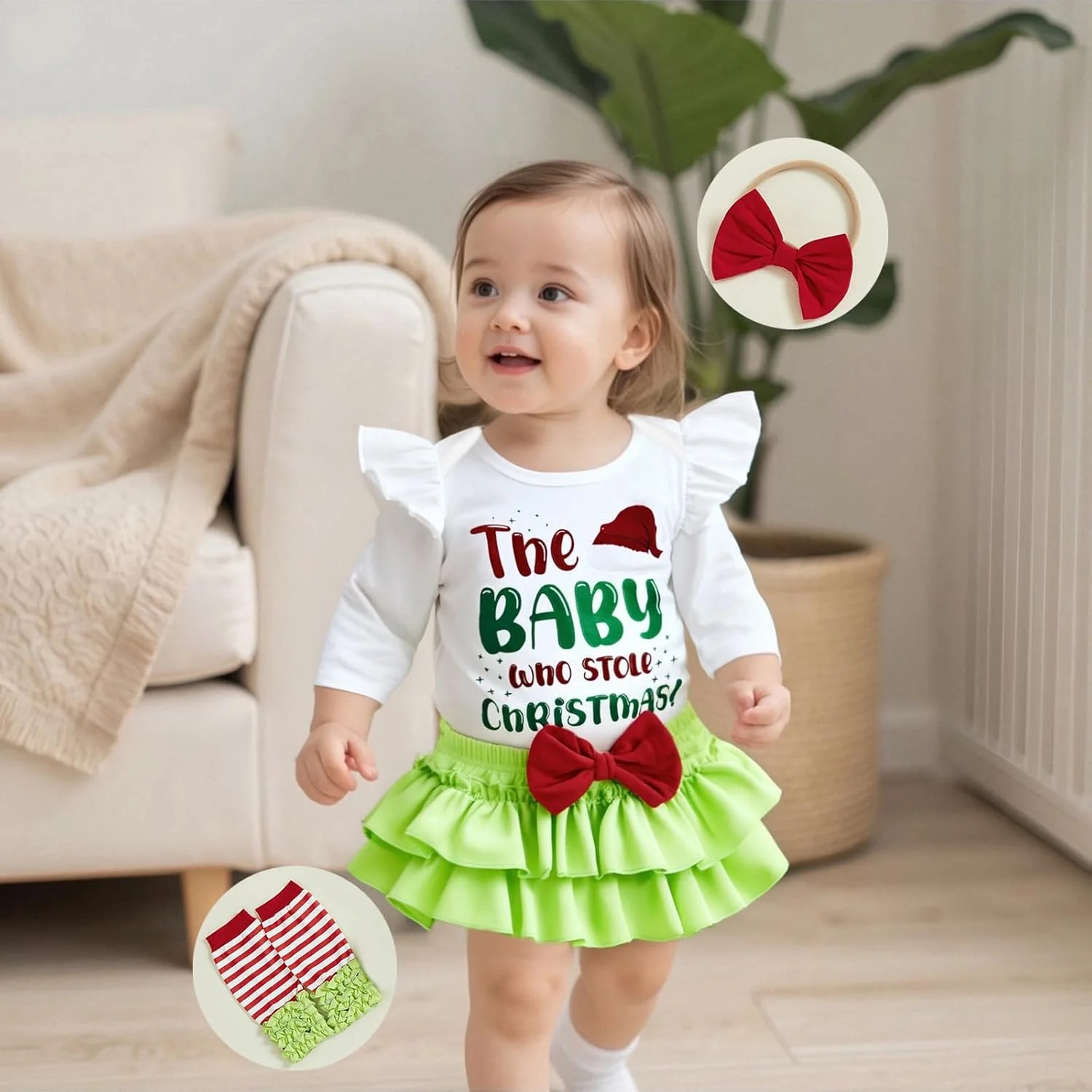 لباس کریسمس نوزاد دختر، رامپر، شورت پفی و هدبند، لباس کریسمس