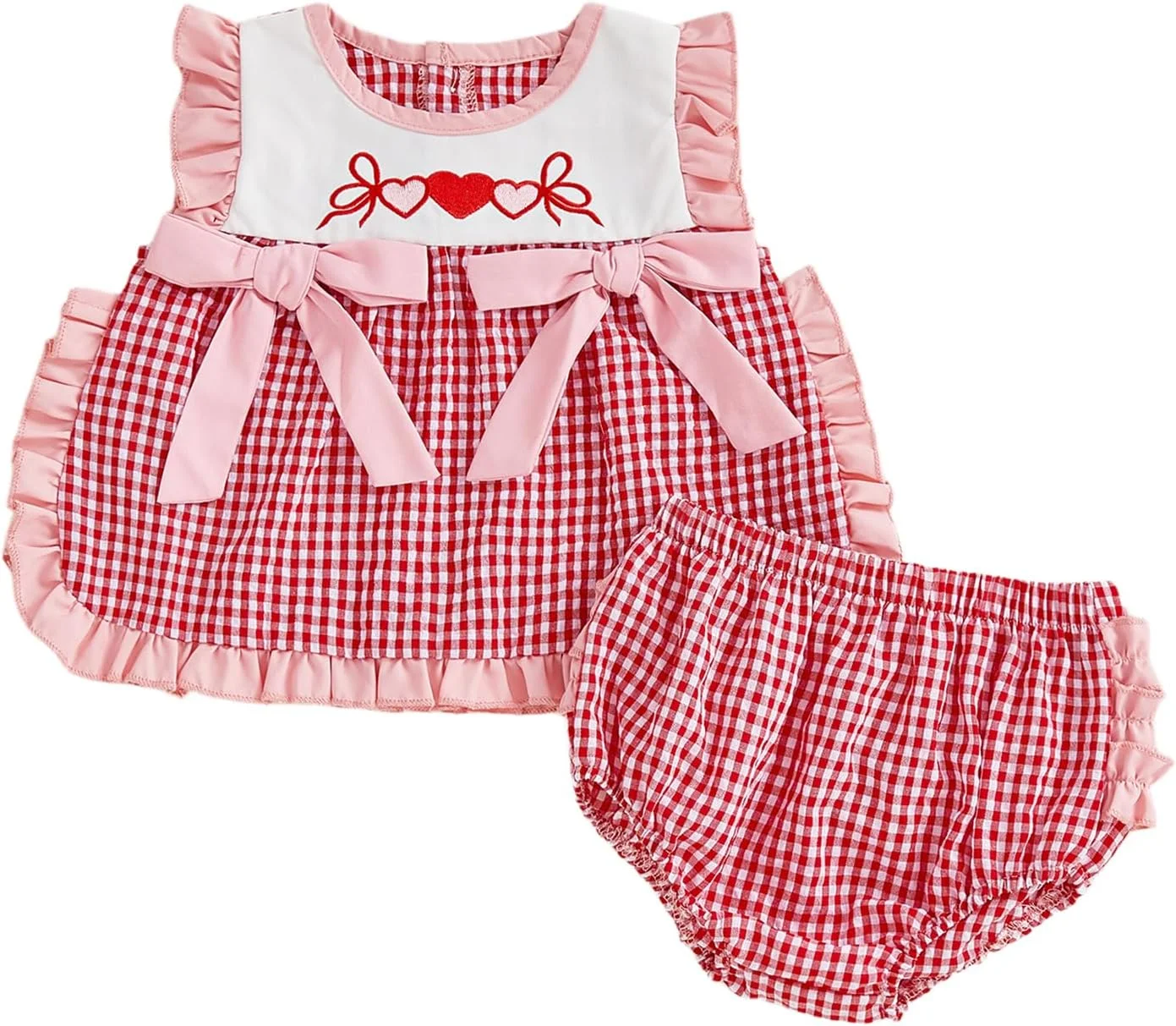 ست لباس نوزادی دخترانه برای روز ولنتاین، تاپ بدون آستین طرح چهارخانه و شورت