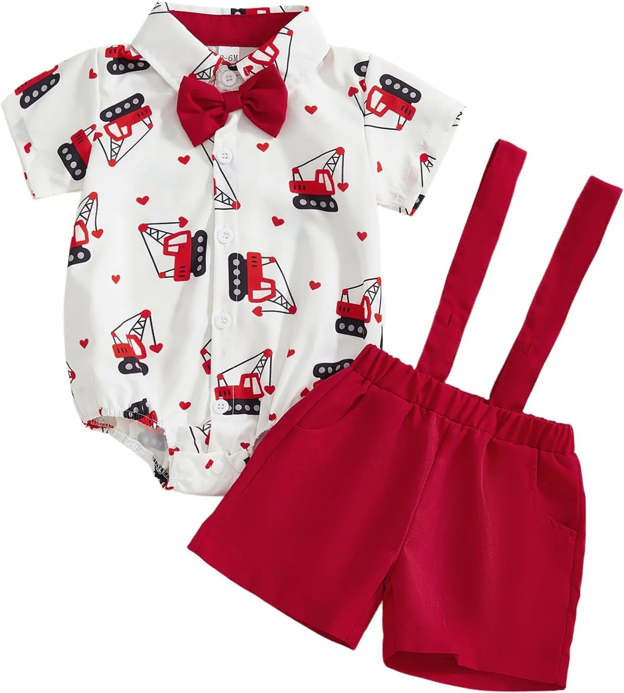 ست لباس روز ولنتاین نوزادی پسرانه شامل پیراهن آستین کوتاه دکمه دار با طرح بیل مکانیکی، رامپر و شلوارک ساسپندر