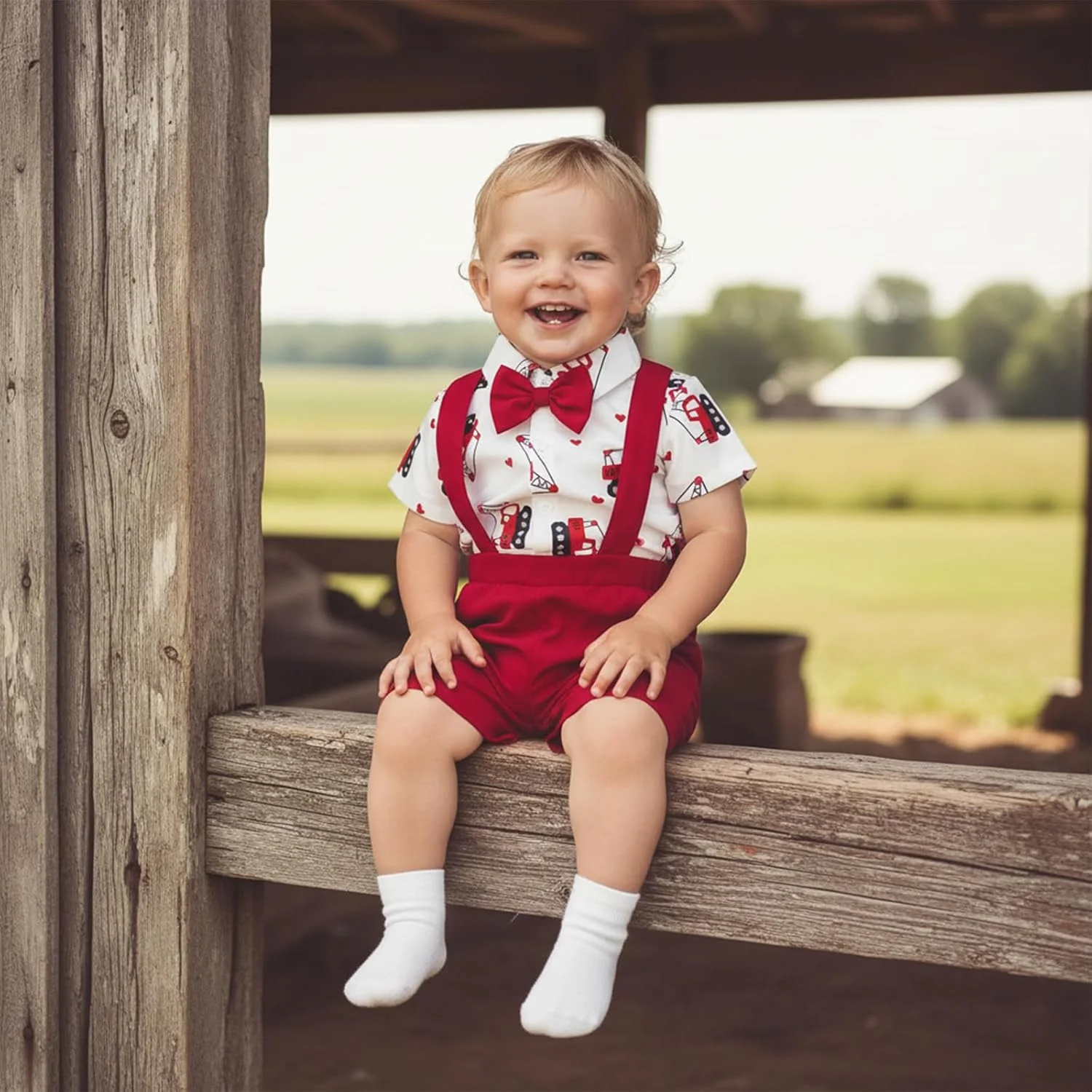 ست لباس روز ولنتاین نوزادی پسرانه شامل پیراهن آستین کوتاه دکمه دار با طرح بیل مکانیکی، رامپر و شلوارک ساسپندر ست لباس روز ولنتاین نوزادی پسرانه شامل پیراهن آستین کوتاه دکمه دار با طرح بیل مکانیکی، رامپر و شلوارک ساسپندر