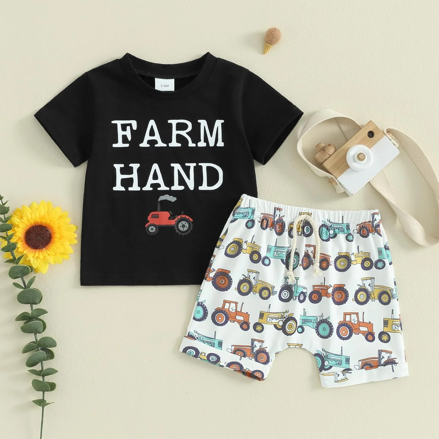 ست لباس پسرانه مزرعه FIOMVA مناسب نوزادان و کودکان ۳، ۶، ۹، ۱۲، ۱۸، ۲۴ ماهه و ۲ و ۳ ساله، شامل تیشرت آستین کوتاه و شلوارک، مناسب فصل تابستان