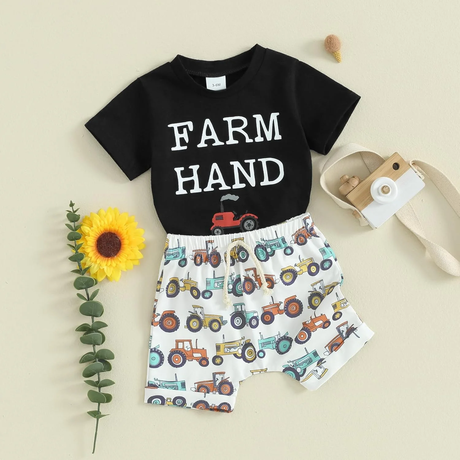 ست لباس پسرانه مزرعه FIOMVA مناسب نوزادان و کودکان ۳، ۶، ۹، ۱۲، ۱۸، ۲۴ ماهه و ۲ و ۳ ساله، شامل تیشرت آستین کوتاه و شلوارک، مناسب فصل تابستان