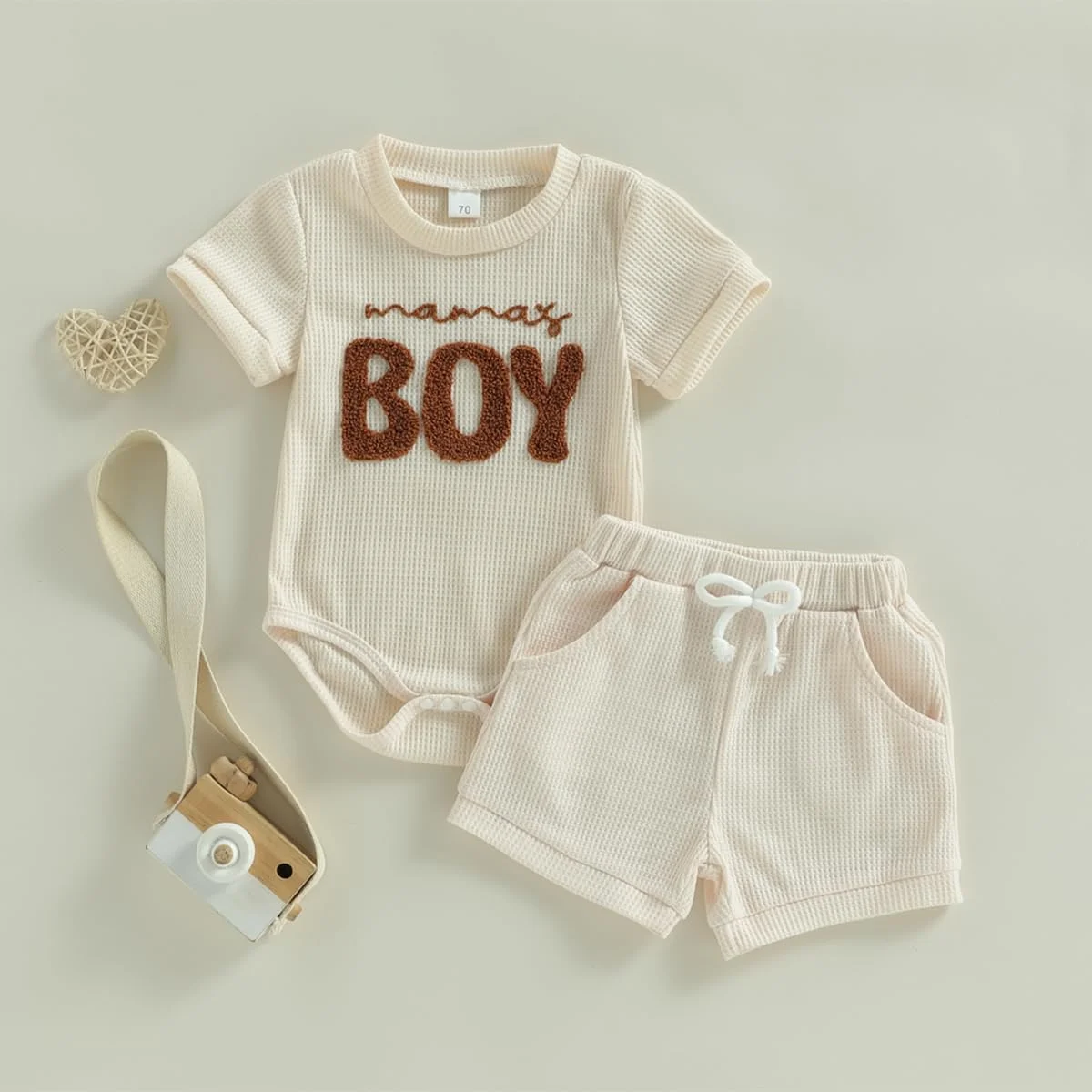 ست لباس تابستانی پسرانه Douhoow، آستین کوتاه، رامپر و شلوارک با گلدوزی، لباس نوزادی وافل