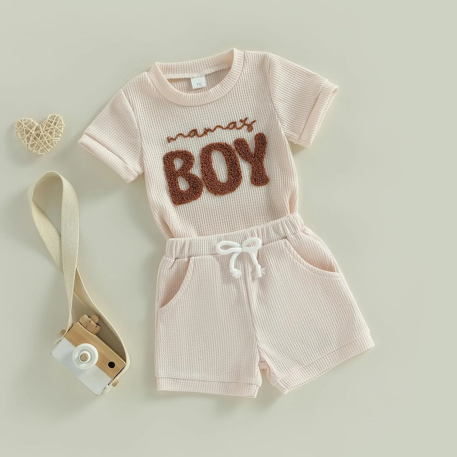 ست لباس تابستانی پسرانه Douhoow، آستین کوتاه، رامپر و شلوارک با گلدوزی، لباس نوزادی وافل