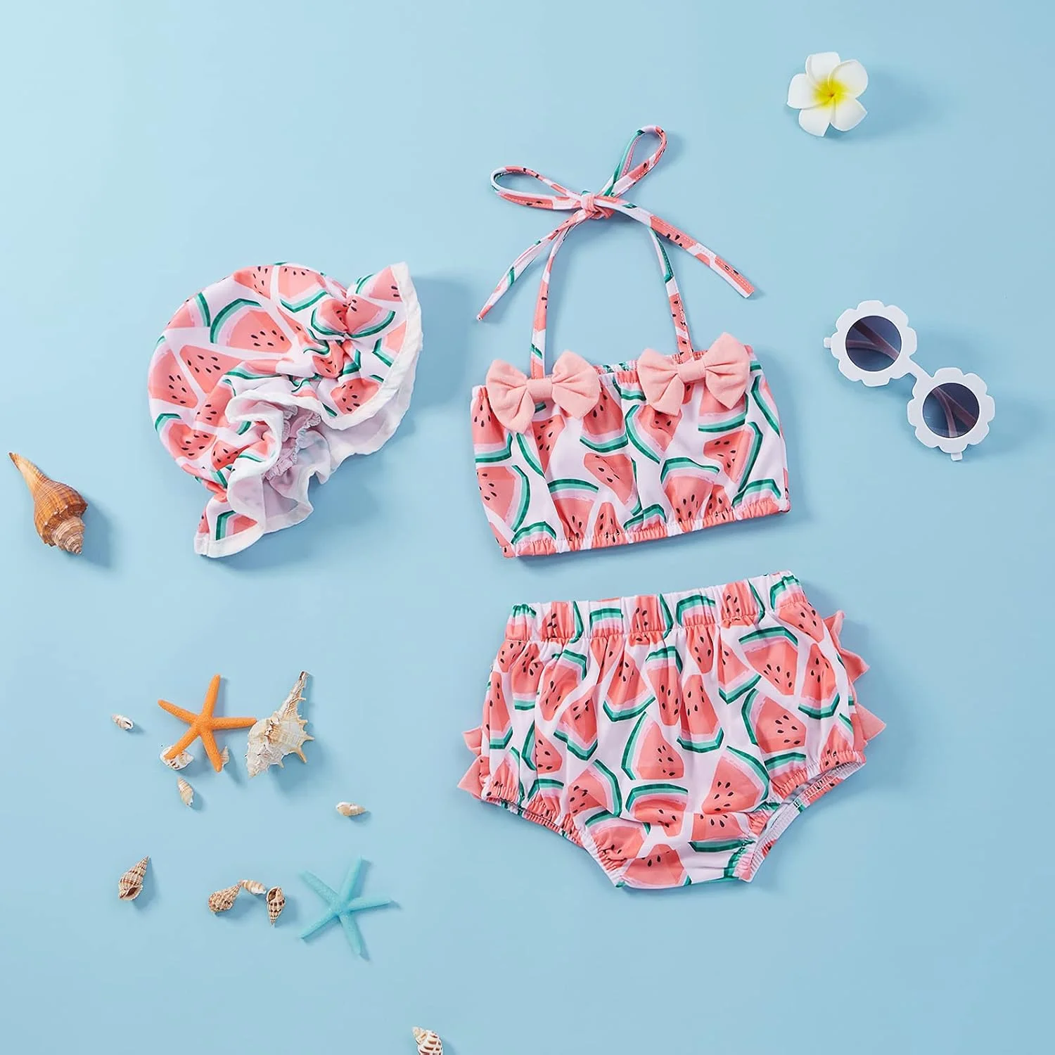 ست مایو دخترانه نوزادی، لباس شنای بیکینی 3 تکه، لباس ساحلی تابستانی شامل تاپ، شورت و کلاه ست مایو دخترانه نوزادی، لباس شنای بیکینی 3 تکه، لباس ساحلی تابستانی شامل تاپ، شورت و کلاه
