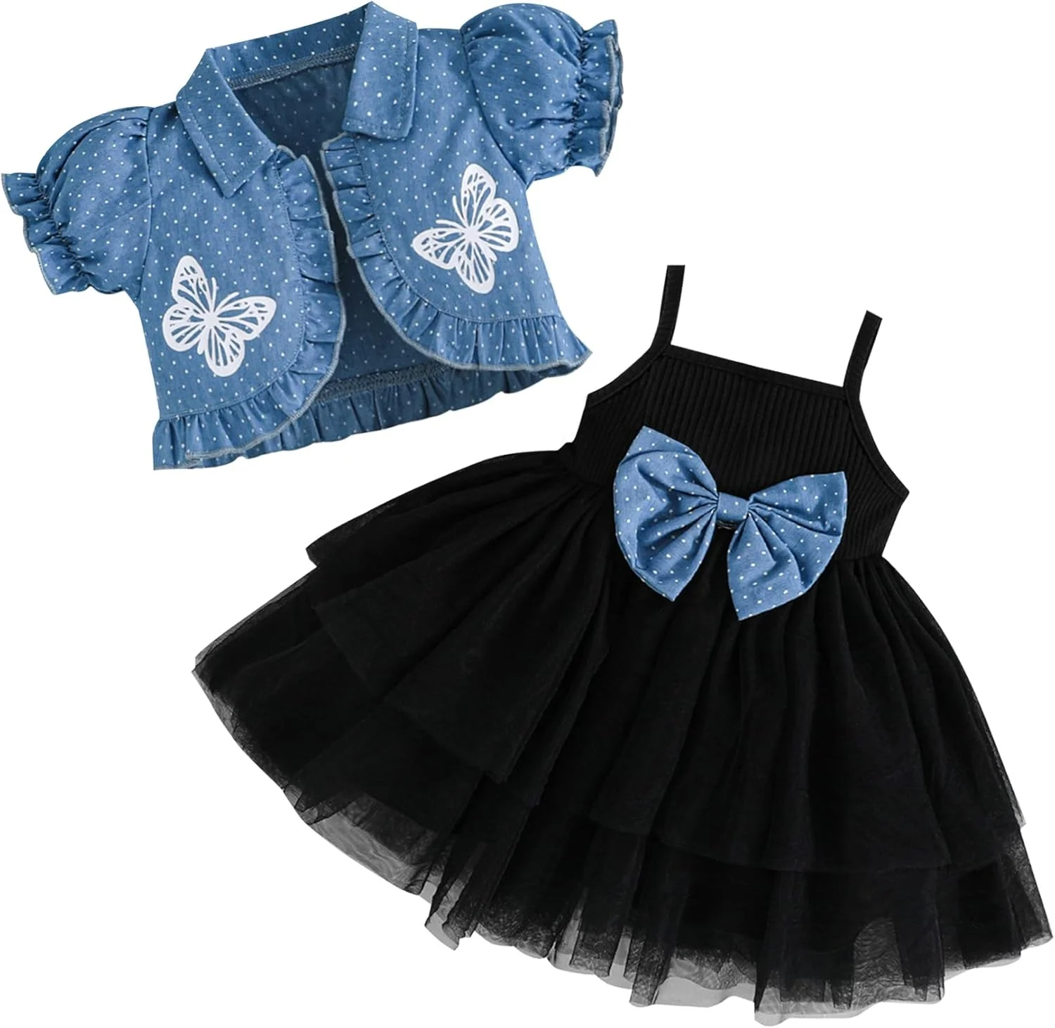 ست لباس نوزاد شامل پیراهن توری و ژاکت جین آستین پفی