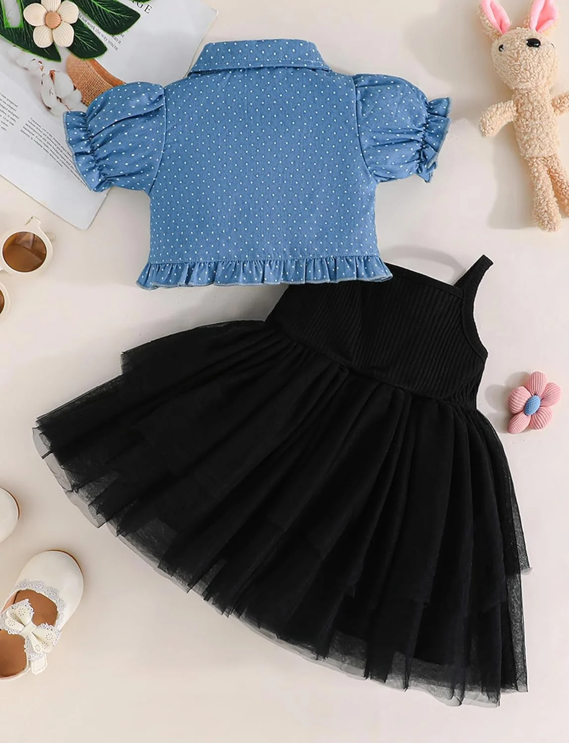 ست لباس نوزاد شامل پیراهن توری و ژاکت جین آستین پفی