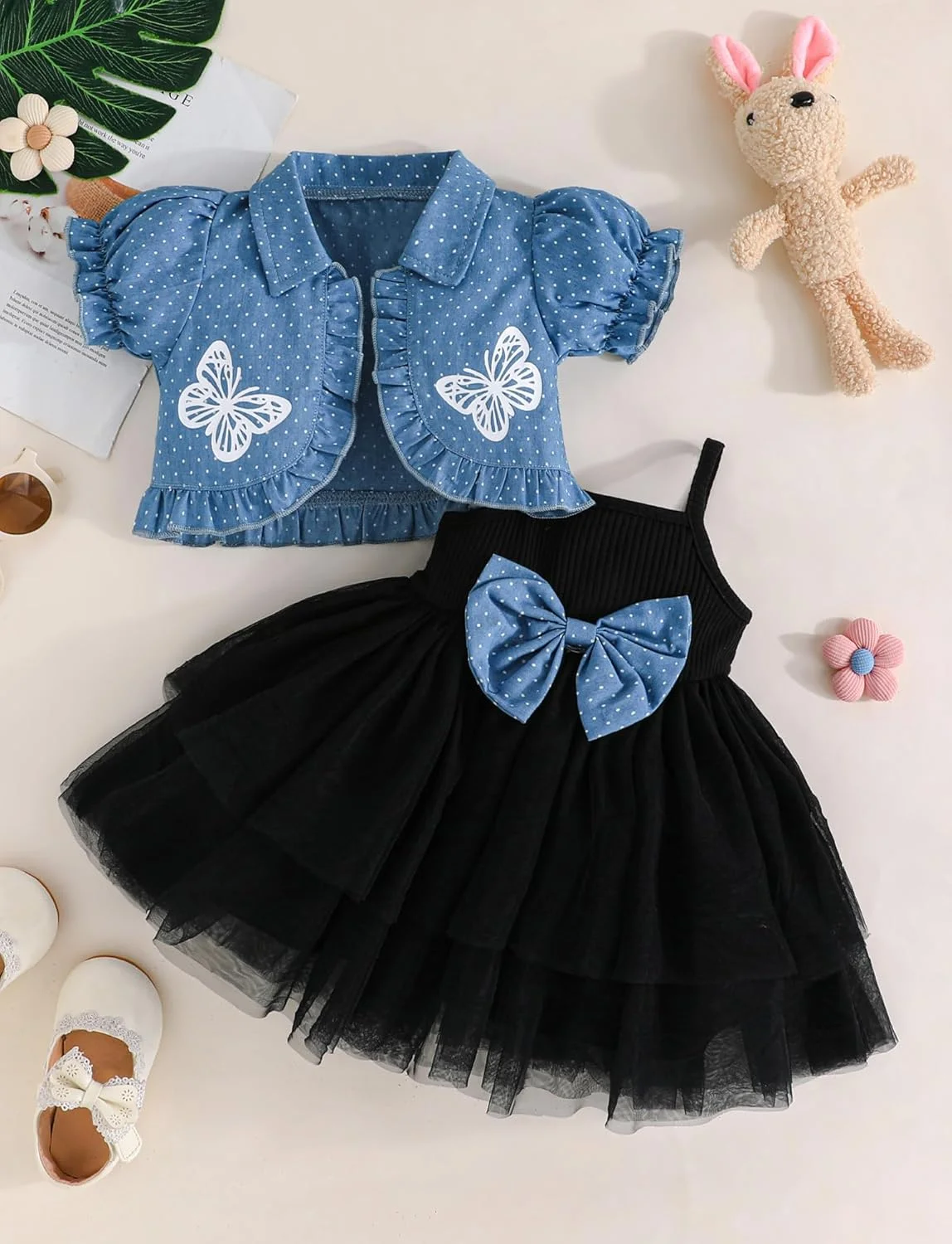 ست لباس نوزاد شامل پیراهن توری و ژاکت جین آستین پفی