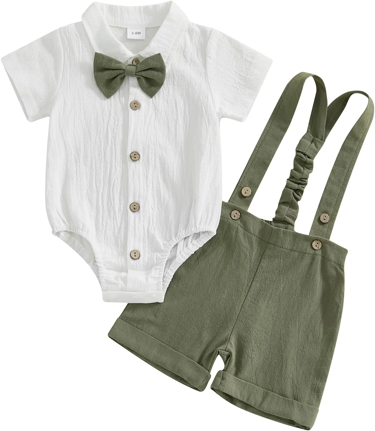 ست لباس تابستانی پسرانه شامل بادی آستین کوتاه یقه برگردان و شلوارک ساسپندر و پاپیون، 3 تکه