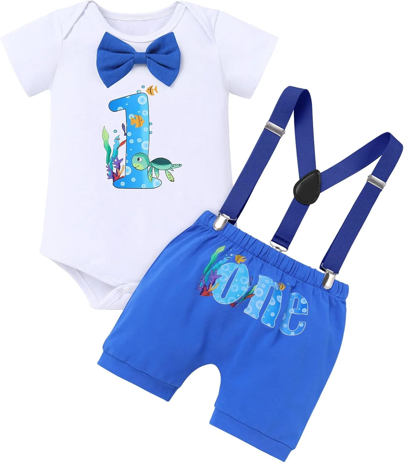 ست لباس تولد یک سالگی پسرانه با تم اقیانوس/بیل مکانیکی/بسکتبال شامل رامپر پاپیون دار، شورت و بند شلوار