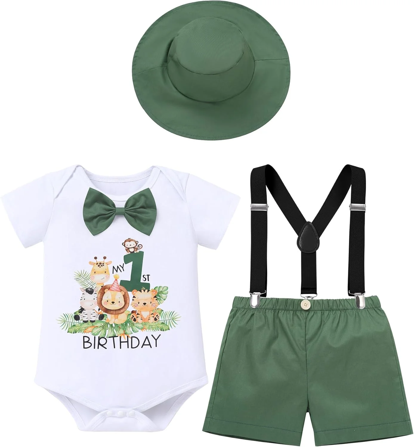 ست لباس تولد یک سالگی پسرانه، رامپر آستین کوتاه پاپیونی، شلوارک ساسپندر و کلاه طرح سافاری جنگل