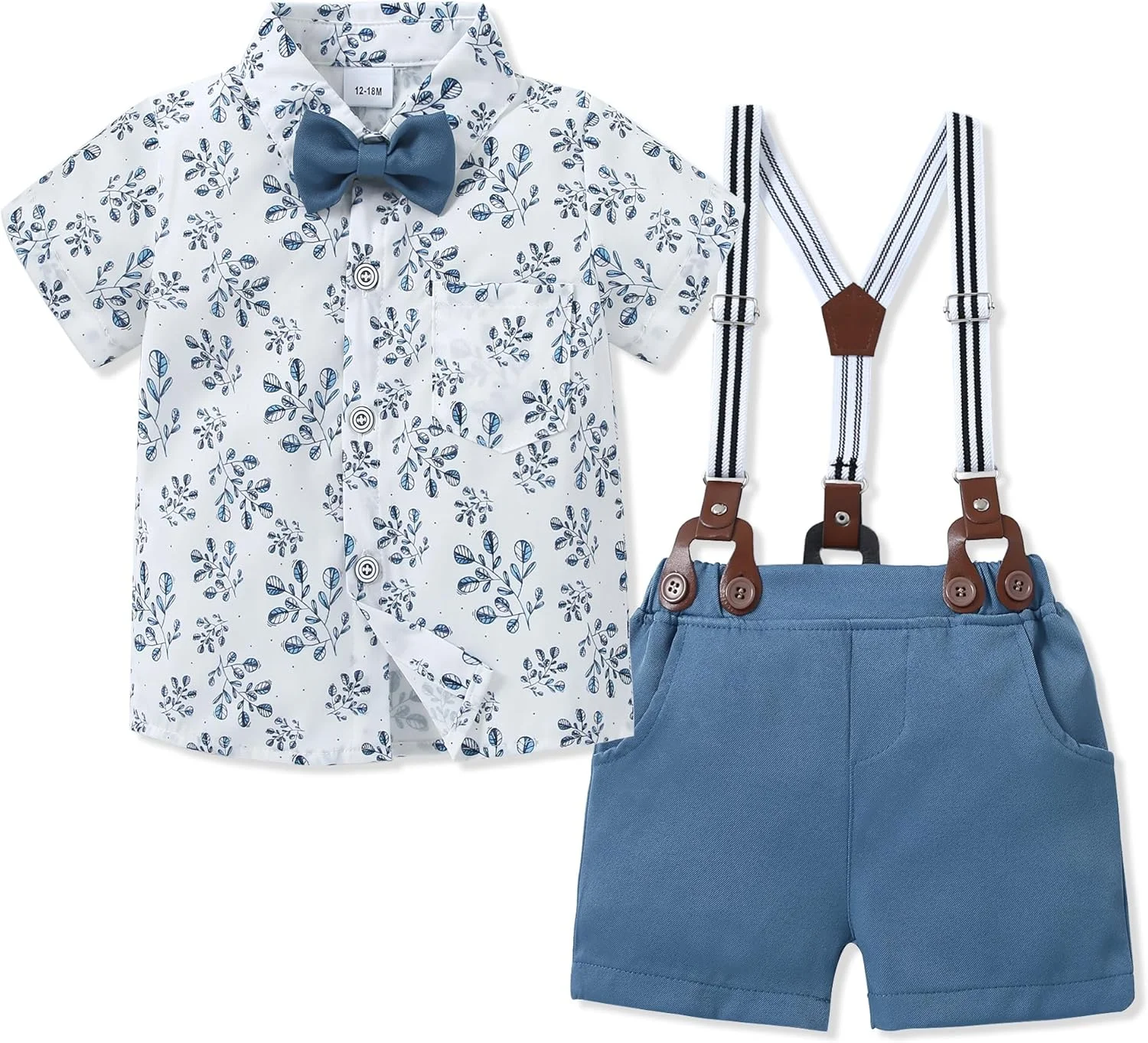 ست لباس پسرانه بچه گانه، پیراهن آستین کوتاه کتان نخی + پاپیون + شلوارک ساس بند دار