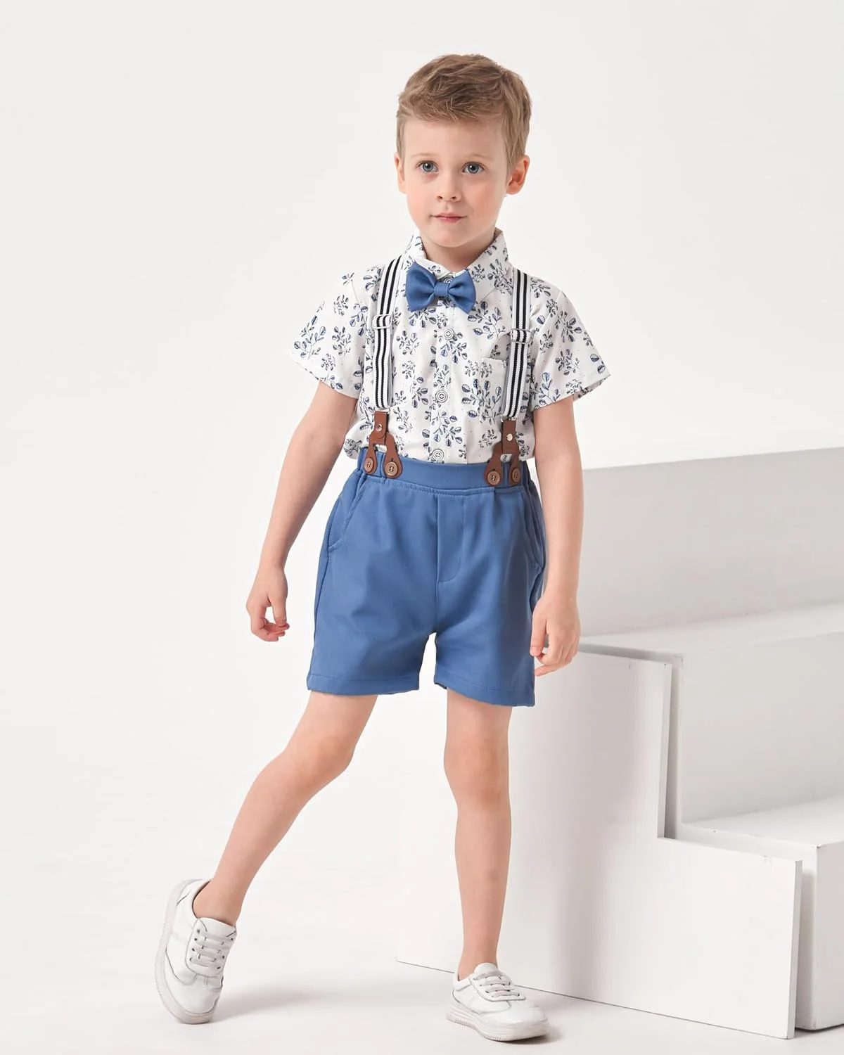 ست لباس پسرانه بچه گانه، پیراهن آستین کوتاه کتان نخی + پاپیون + شلوارک ساس بند دار