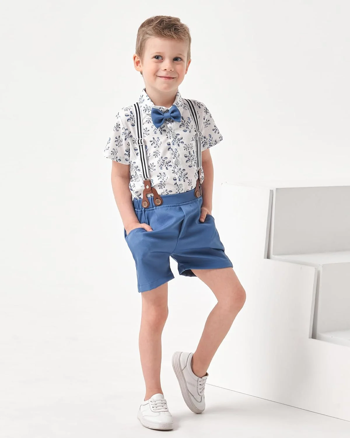 ست لباس پسرانه بچه گانه، پیراهن آستین کوتاه کتان نخی + پاپیون + شلوارک ساس بند دار