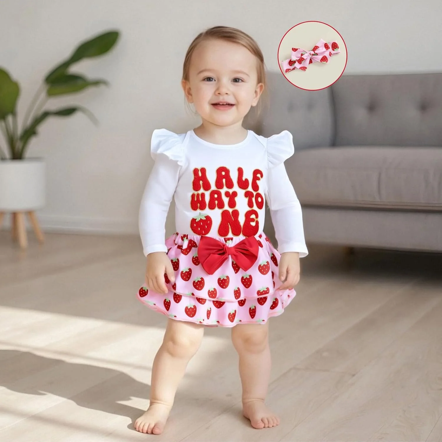 ست لباس تولد نیم سالگی دخترانه Lefyira، رامپر آستین بلند، شورت بلومر چین دار، لباس پاییزی با طرح توت فرنگی