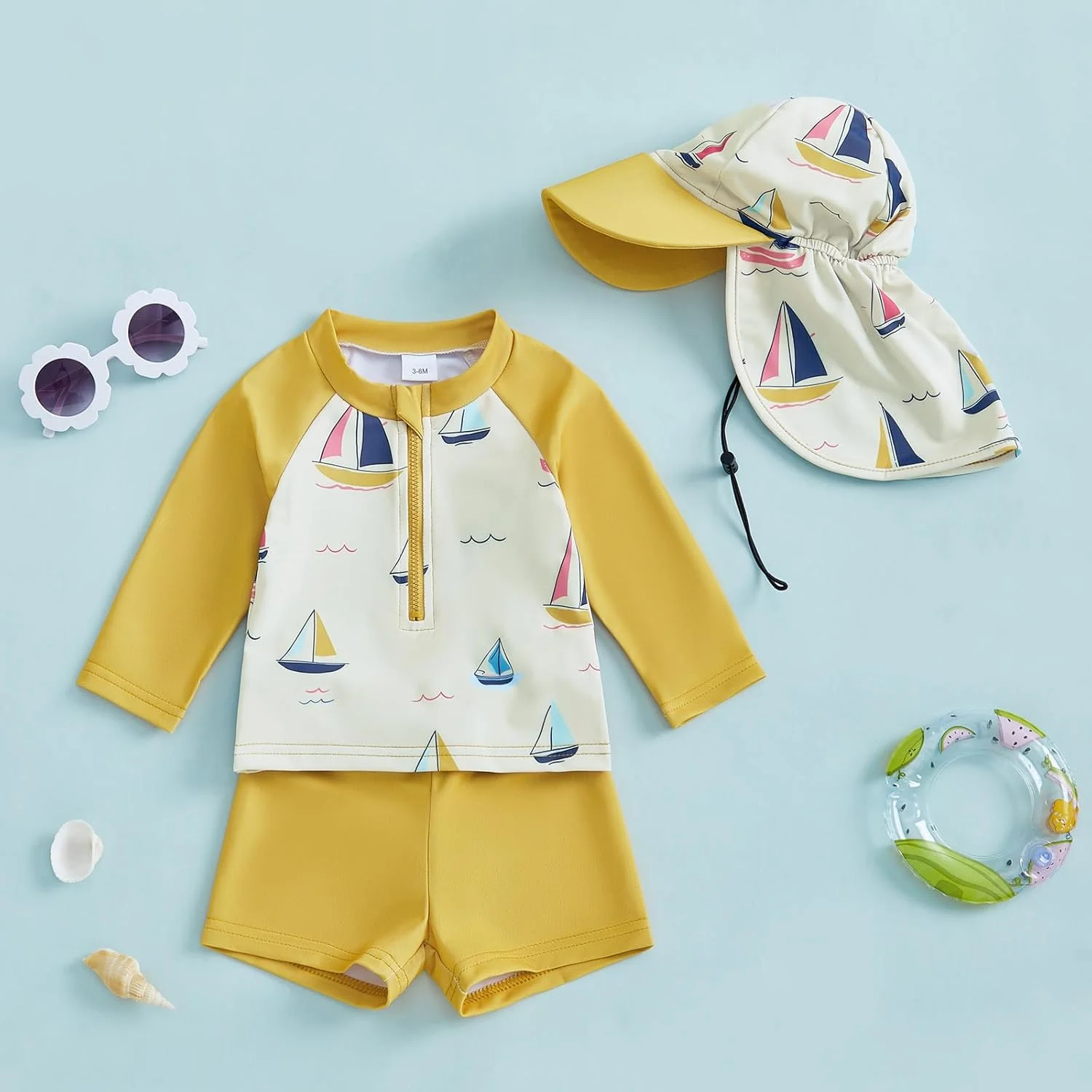 ست لباس شنا پسرانه طرح قایق بادبانی آستین بلند زیپ دار به همراه شورت و کلاه، مناسب 1 تا 6 سال