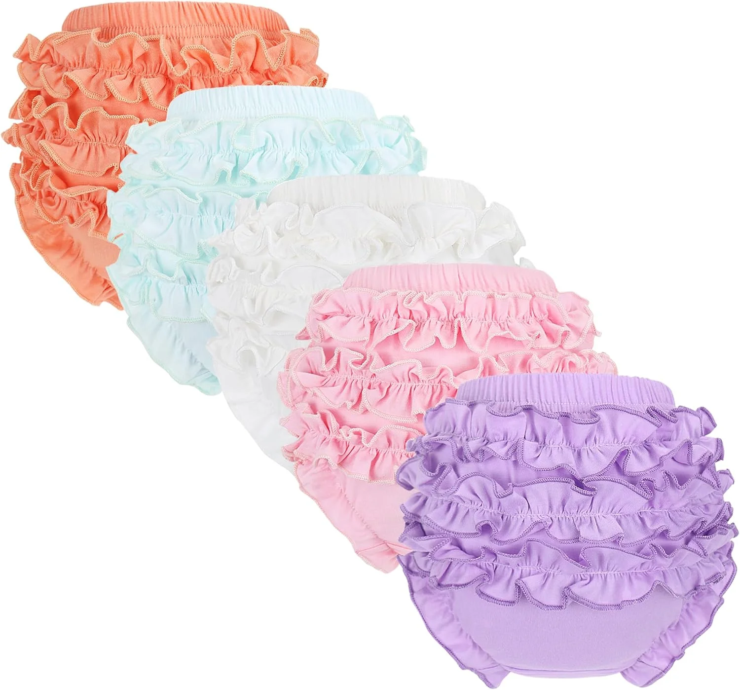 ست ۵ عددی شورت پوشکی چین‌دار - شورت نخی زیبا برای نوزاد دختر، شورت‌های چین‌دار لایه‌ای با کمر کشی برای دختران نوپا