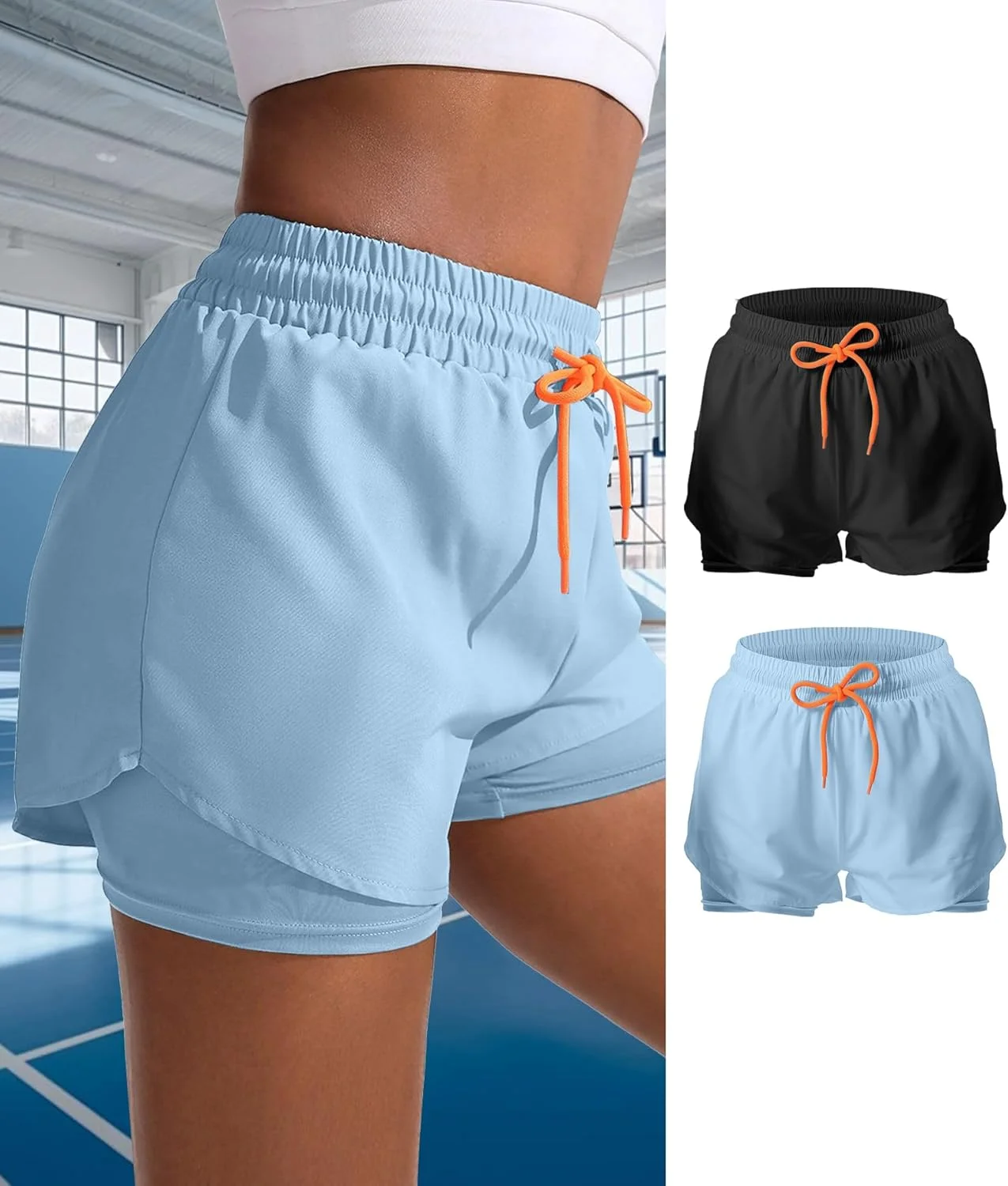 ست 2 عددی شورت ورزشی زنانه 2 در 1 کمر بلند مناسب دویدن و پیاده‌روی به همراه آستر