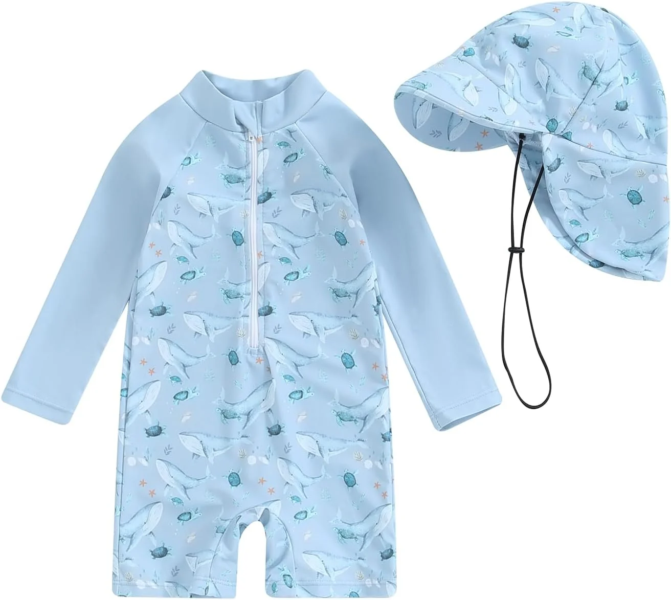 مایو دخترانه نوزادی آستین بلند یک تکه با کلاه، لباس شنا ساحلی