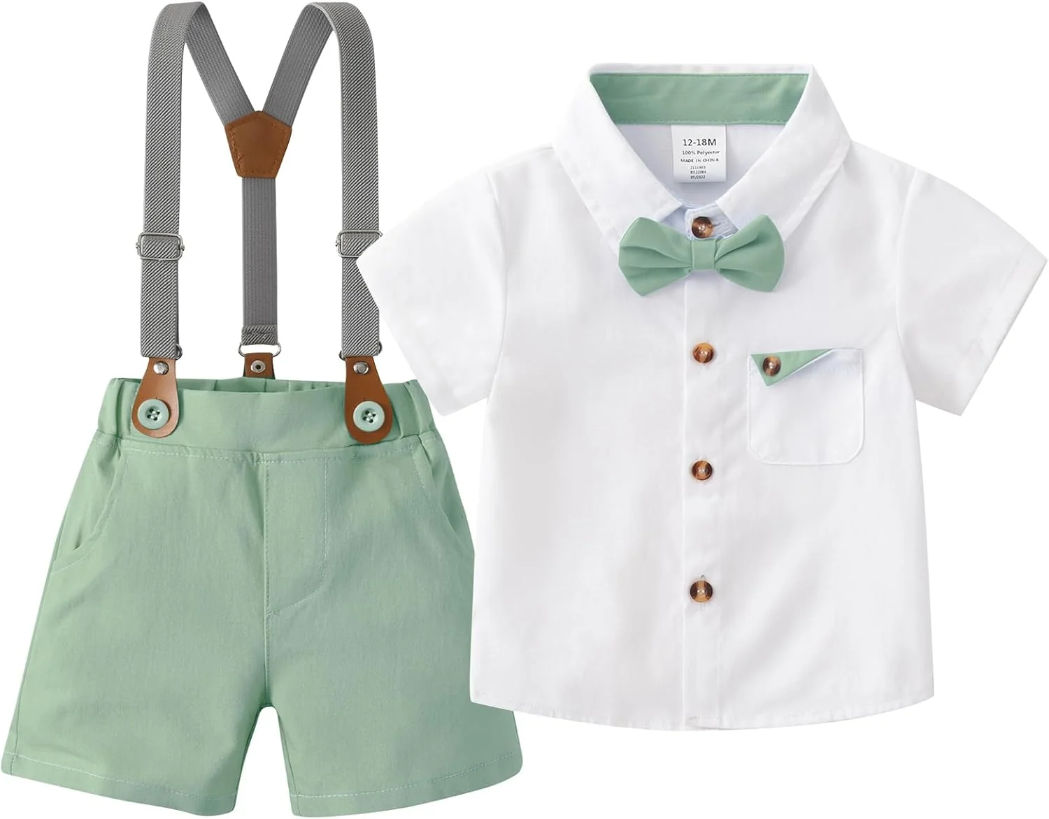 ست شلوارک پسرانه نوزادی، لباس نوزاد، شامل پیراهن + شلوارک + پاپیون + بند شلوار