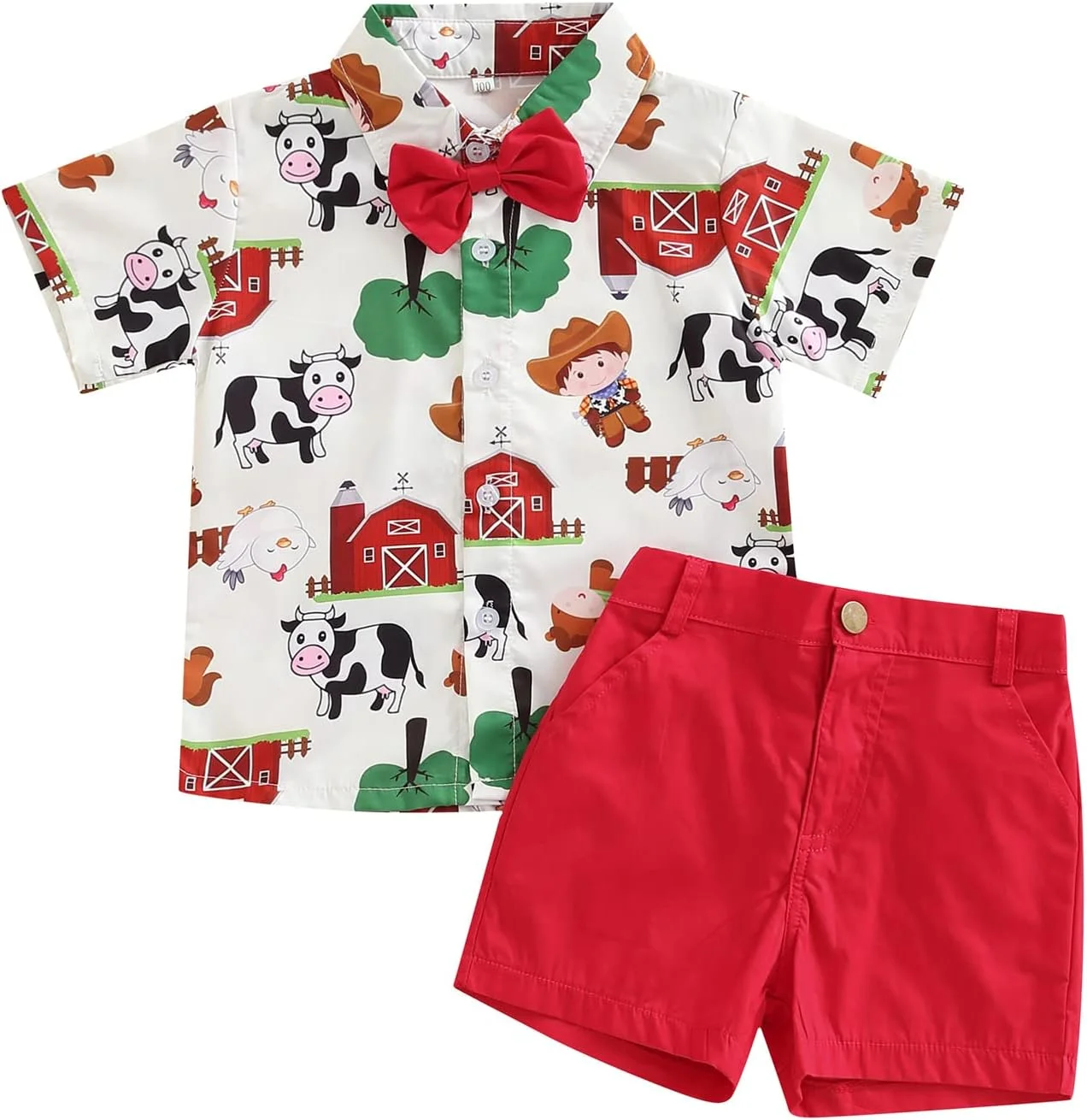 ست لباس پسرانه VISGOGO شامل پیراهن طرح مزرعه/سیرک با پاپیون و شلوارک