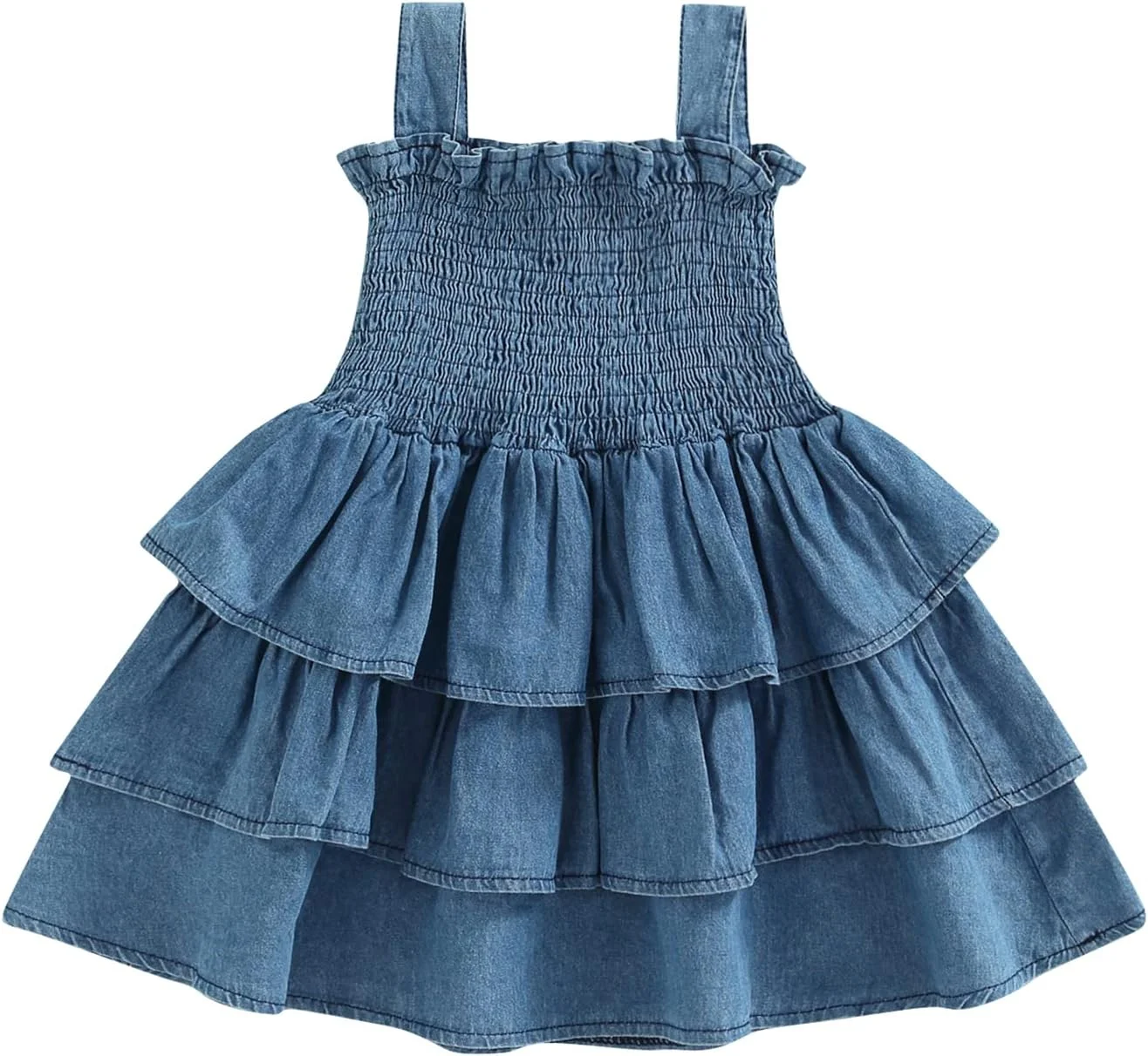 پیراهن جین بنددار دخترانه نوزادی، دامن چین‌دار چند لایه بدون آستین