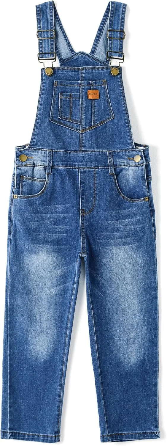 KIDSCOOL SPACE سرهمی جین دخترانه، پیشبند دار، شلوار جین کشی شسته شده