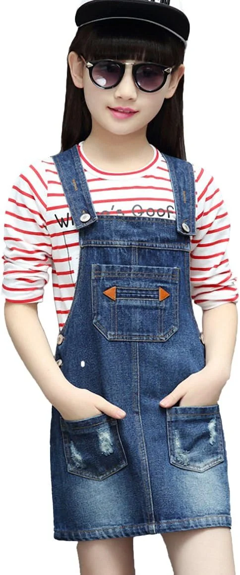 لباس سرهمی جین دخترانه KIDSCOOL SPACE با گلدوزی گل و روباه