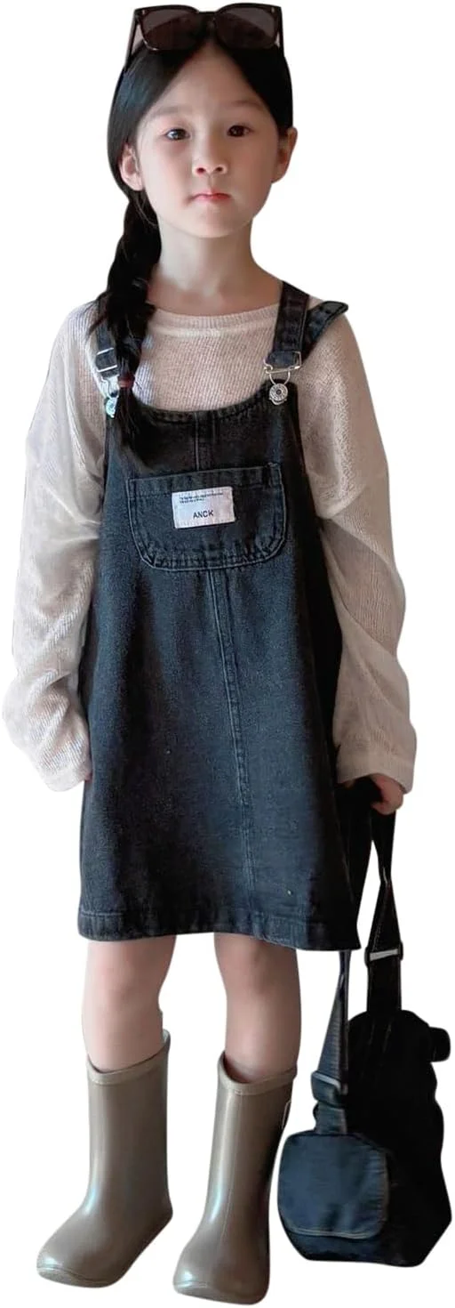 پیراهن سرهمی جین دخترانه بچگانه، لباس ساسون دار آستین حلقه ای کژوال و قدیمی با جیب جلویی