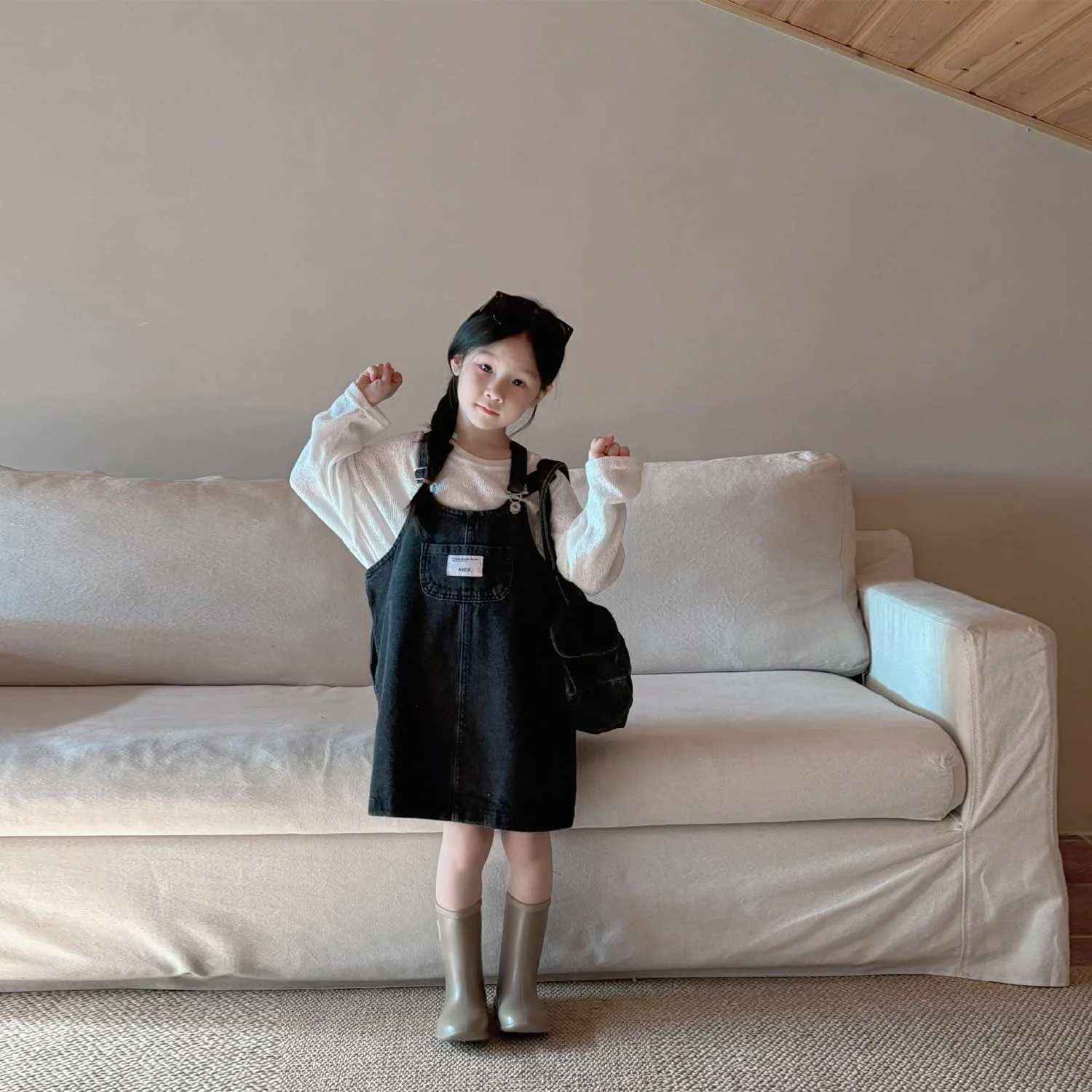 پیراهن سرهمی جین دخترانه بچگانه، لباس ساسون دار آستین حلقه ای کژوال و قدیمی با جیب جلویی