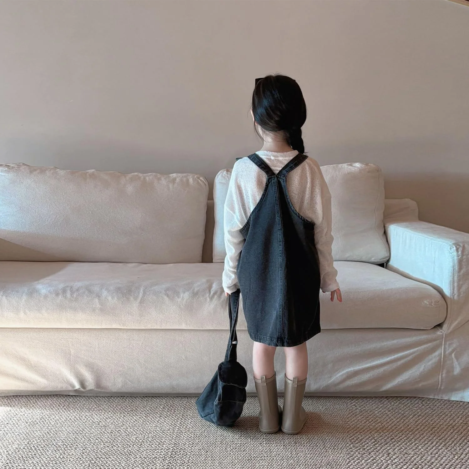 پیراهن سرهمی جین دخترانه بچگانه، لباس ساسون دار آستین حلقه ای کژوال و قدیمی با جیب جلویی