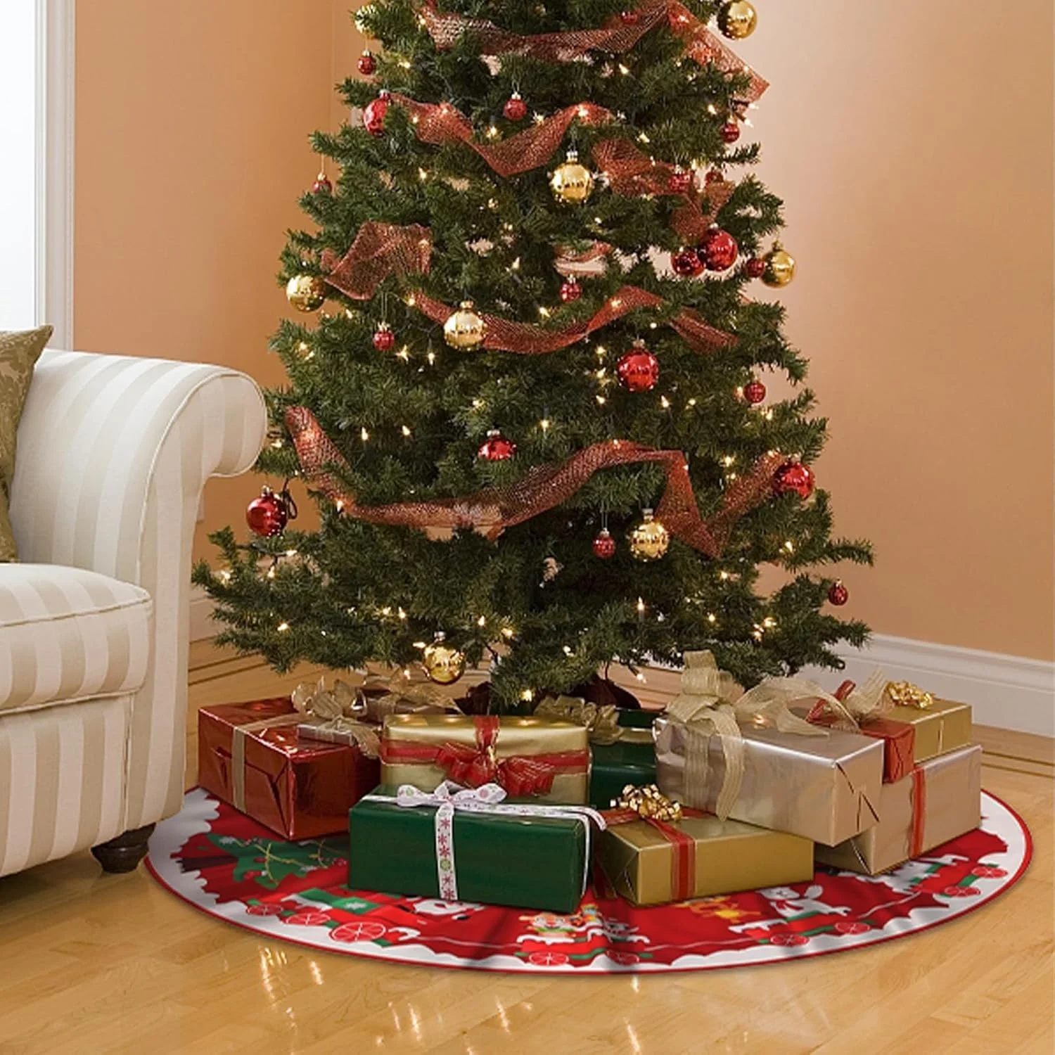 دامن درختی کریسمس 100 سانتی متری، تزئین دامن مخملی برای کریسمس مبارک، زیرانداز پایه درخت کریسمس نرم قرمز، سفید و سبز برای تزئینات جشن سال نو (قطار)