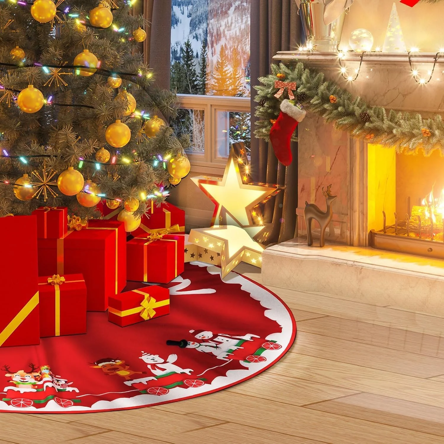 دامن درختی کریسمس 100 سانتی متری، تزئین دامن مخملی برای کریسمس مبارک، زیرانداز پایه درخت کریسمس نرم قرمز، سفید و سبز برای تزئینات جشن سال نو (قطار)