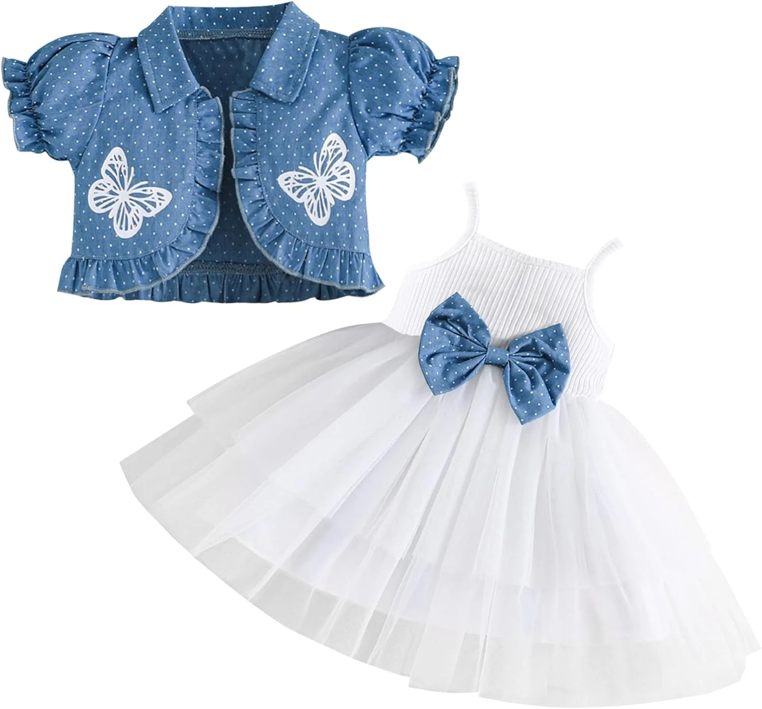 ست لباس دخترانه شامل پیراهن توری و ژاکت جین آستین پفی