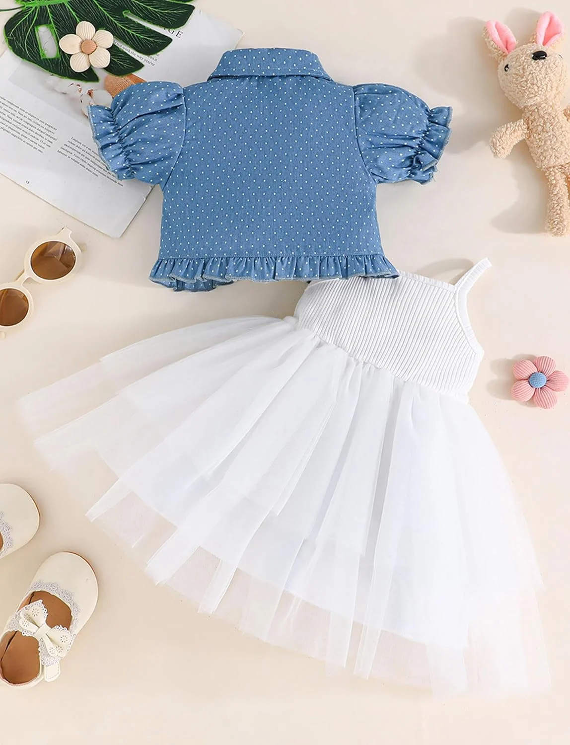 ست لباس دخترانه شامل پیراهن توری و ژاکت جین آستین پفی