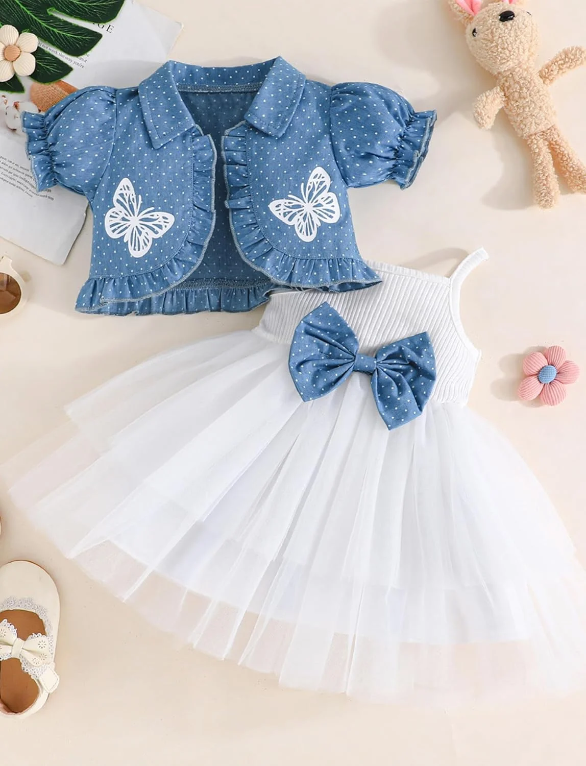 ست لباس دخترانه شامل پیراهن توری و ژاکت جین آستین پفی