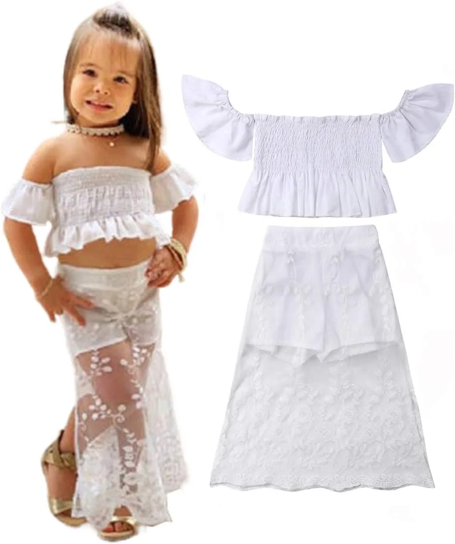 ست لباس دامن دخترانه شامل تاپ آستین کوتاه و دامن بلند چاک دار