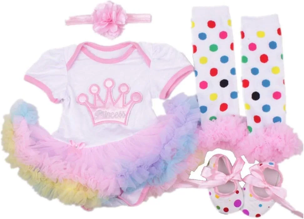 ست لباس نوزادی دخترانه هویی شامل پیراهن، ساق شلواری خالدار، کفش و هدبند تاج صورتی، دامن توری ست لباس نوزادی دخترانه هویی شامل پیراهن، ساق شلواری خالدار، کفش و هدبند تاج صورتی، دامن توری