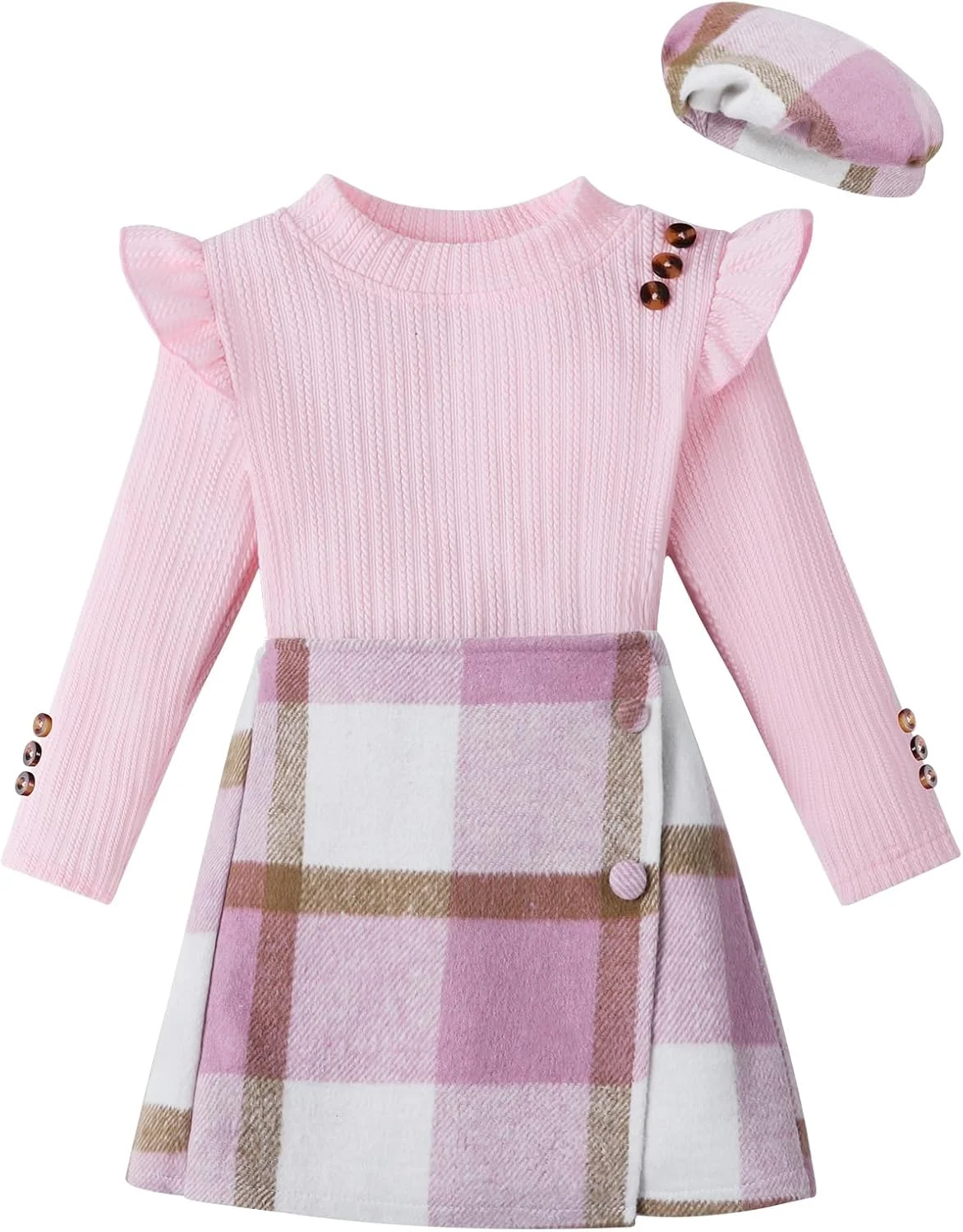 ست لباس دخترانه شامل بلوز آستین بلند دکمه دار چین دار، دامن چهارخانه و کلاه - مناسب پاییز و زمستان