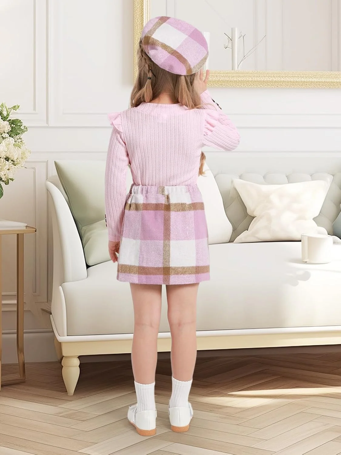 ست لباس دخترانه شامل بلوز آستین بلند دکمه دار چین دار، دامن چهارخانه و کلاه - مناسب پاییز و زمستان