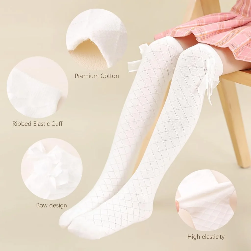 جوراب ساق بلند پاپیونی دخترانه، 3 جفت جوراب ساق بلند تا زانو برای کودکان، جوراب های بلند بالای زانو دخترانه مناسب 3 تا 10 سال، 42 سانتی متر، مناسب تمام فصول