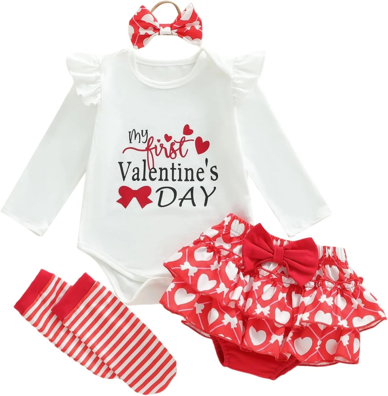 لباس نوزادی دخترانه طرح اولین روز عشق، رامپر آستین بلند، دامن توتو قلبی، ست 4 تکه لباس بهاری زیبا