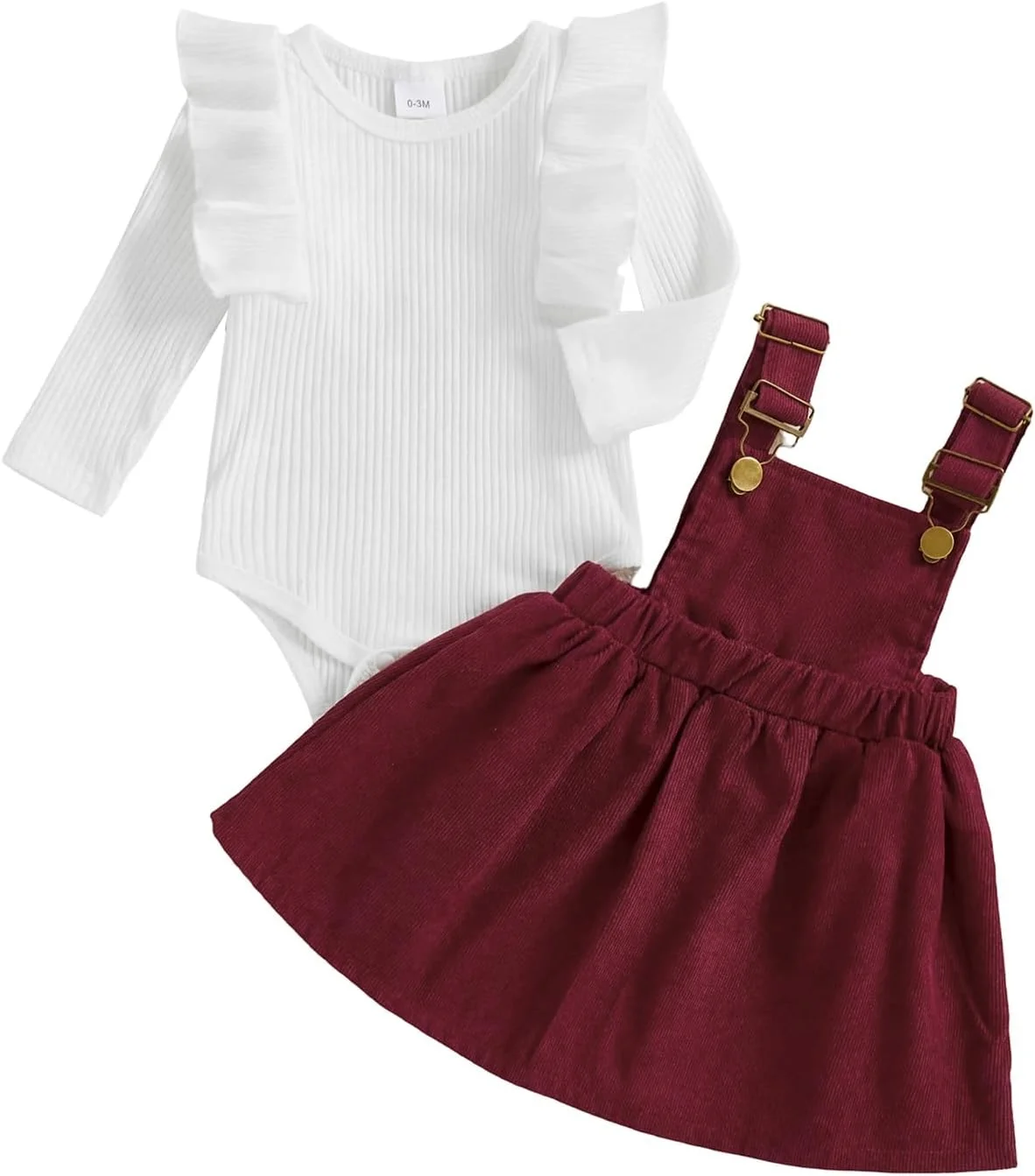 لباس نوزادی دخترانه، رامپر آستین بلند طرح دار و دامن پیشبندی کبریتی، لباس پاییزی