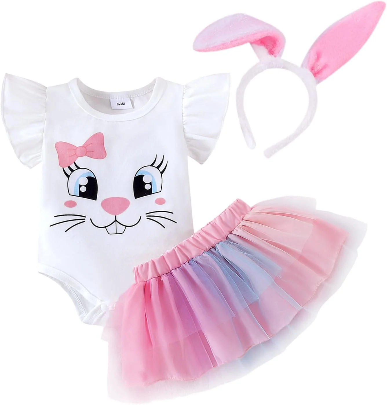 لباس عید پاک نوزادی دخترانه، لباس دخترانه نوزادی، رامپر خرگوش بامزه چین دار، دامن توتو، هدبند 0-18 ماه