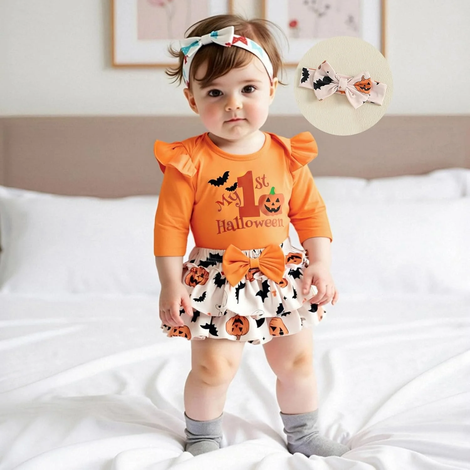 ست لباس نوزادی دخترانه برای اولین کریسمس من، شامل رامپر آستین بلند با طرح درخت کریسمس/بابانوئل، دامن توتو، شورت، ساق گرمکن و هدبند 4 تکه، لباس‌های زیبای کریسمس