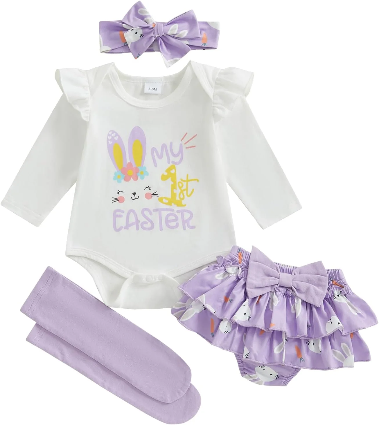 لباس عید پاک نوزاد دختر، رامپر اولین عید پاک من، ست دامن چین‌دار خرگوشی و هدبند، لباس‌های بهاری زیبا برای نوزاد